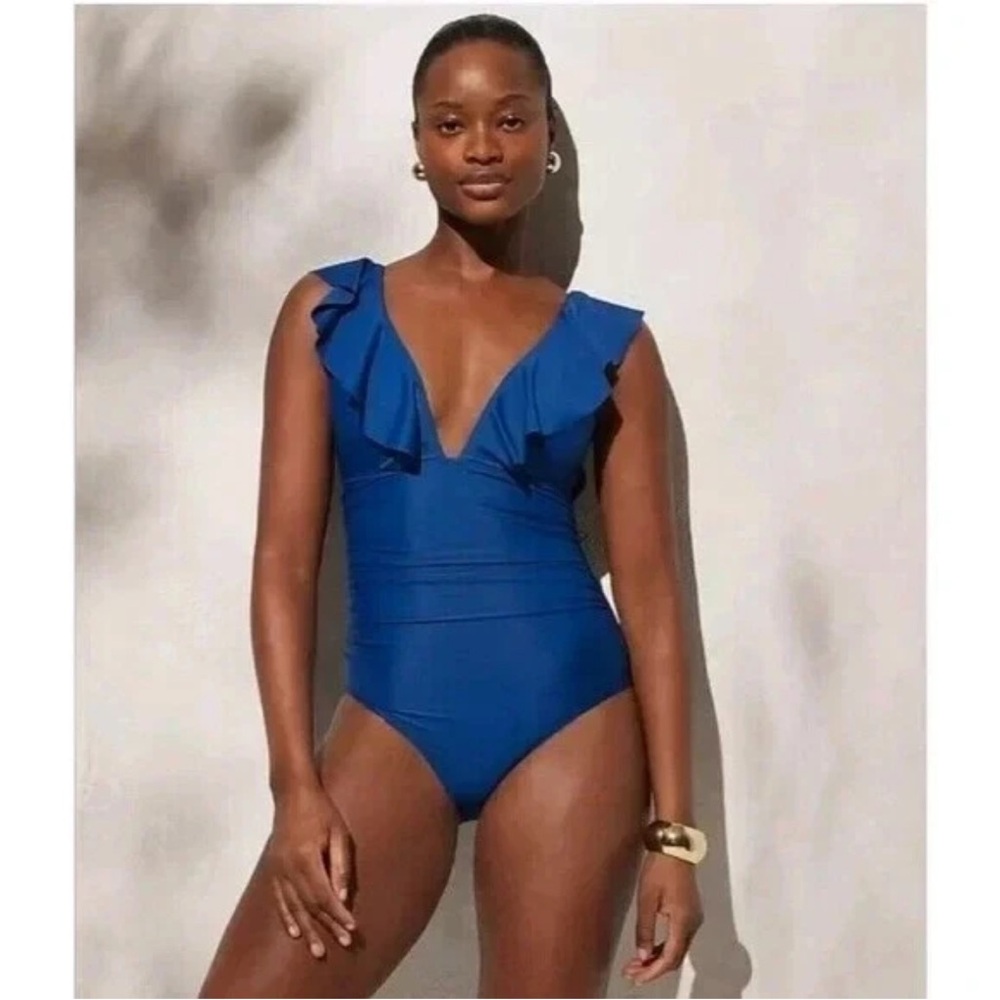 J.Crew Ruffled Deep V-Neck Swimsuit in Havana Blue Sz. 4